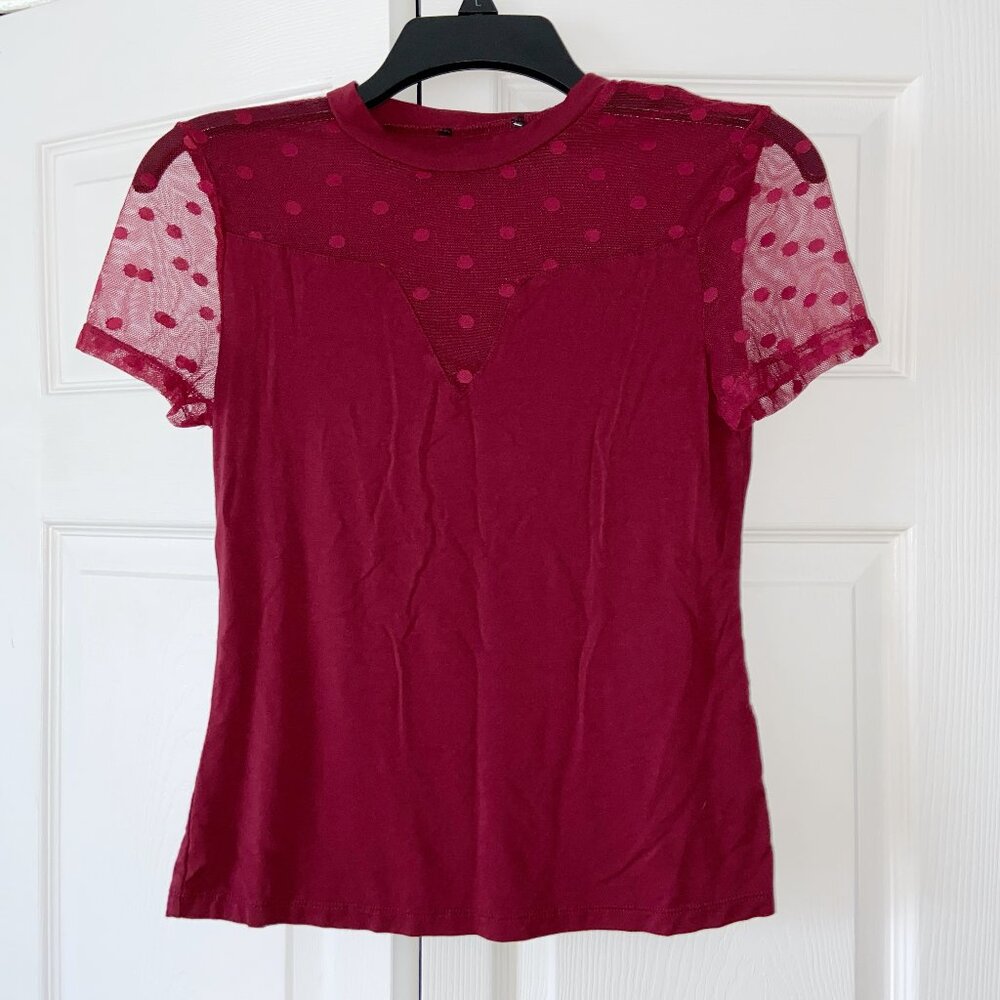 Verdusa Sheer Mesh Mock Neck Short Sleeve Fitted Tee Top Burgundy Medium
